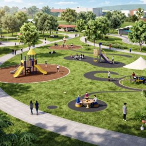 Rendering of Irmo Town Park showcasing green spaces and families enjoying the facilities.