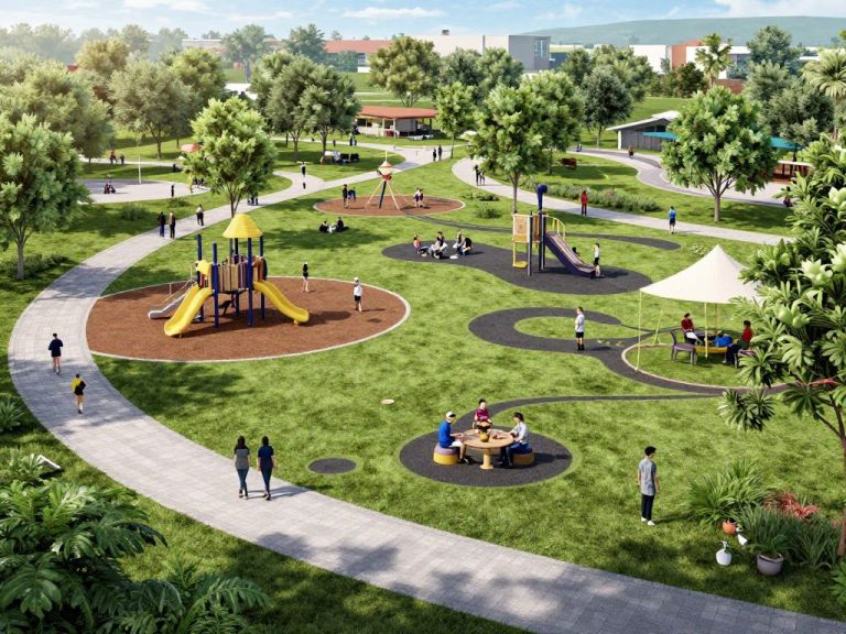 Rendering of Irmo Town Park showcasing green spaces and families enjoying the facilities.