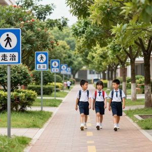 Children walking safely in a school zone with traffic safety measures