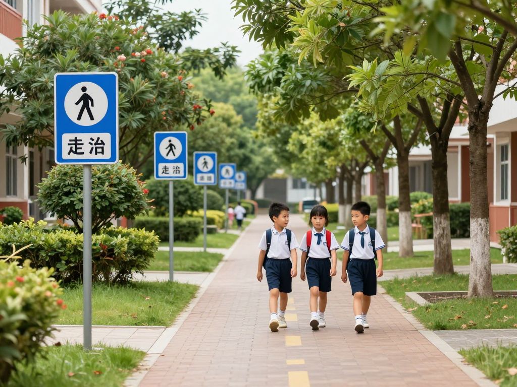 Children walking safely in a school zone with traffic safety measures