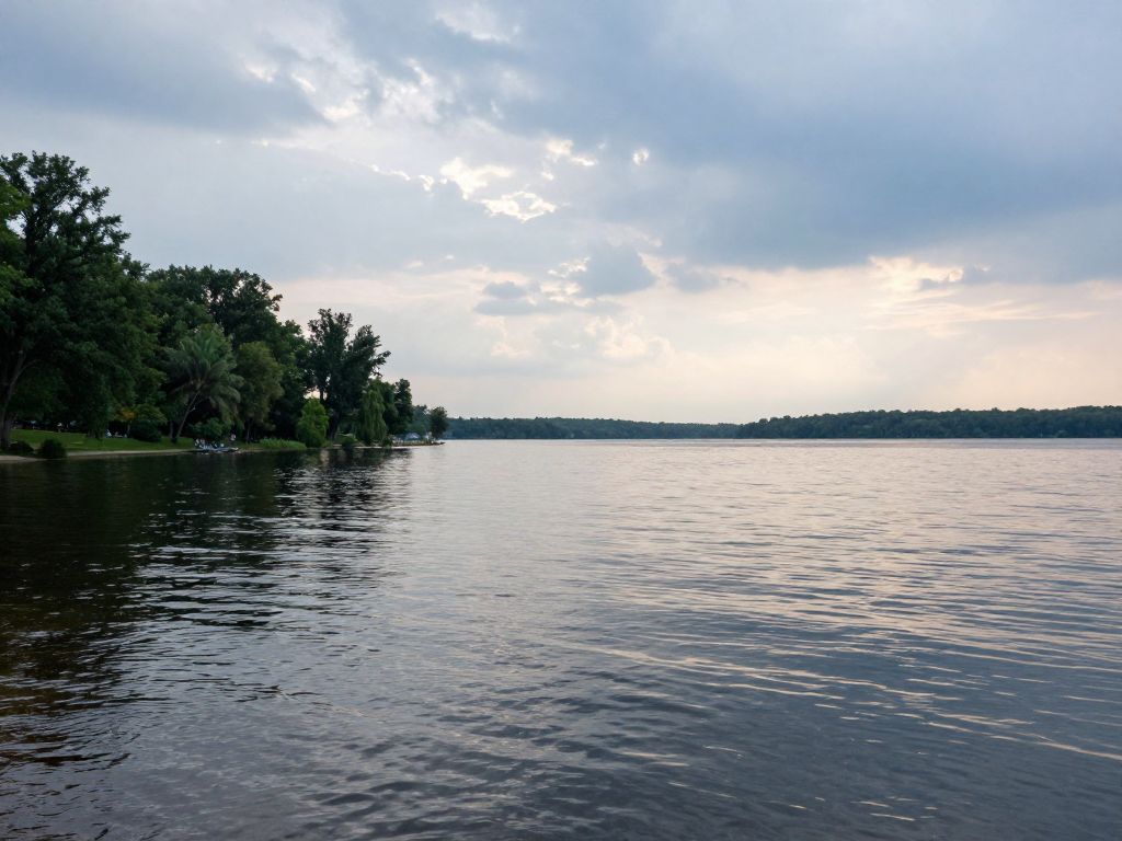 A tranquil evening scene of Lake Murray with tree-lined shores and cloudy skies.