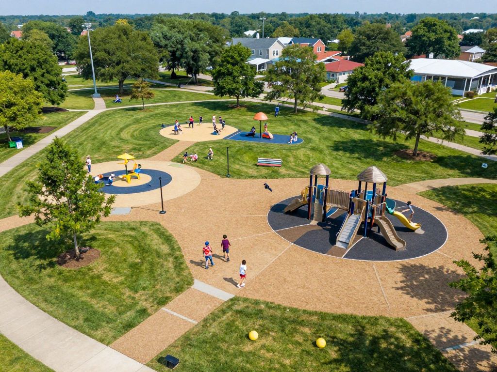 Aerial view of a revitalized park in Irmo with families enjoying the green spaces.