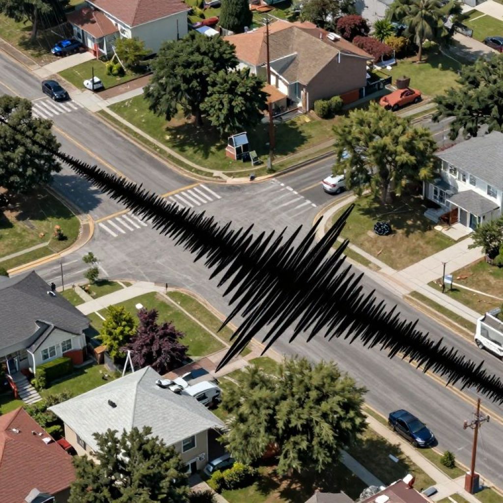 A visual depiction of an earthquake's impact in a suburban setting