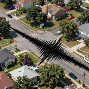 A visual depiction of an earthquake's impact in a suburban setting
