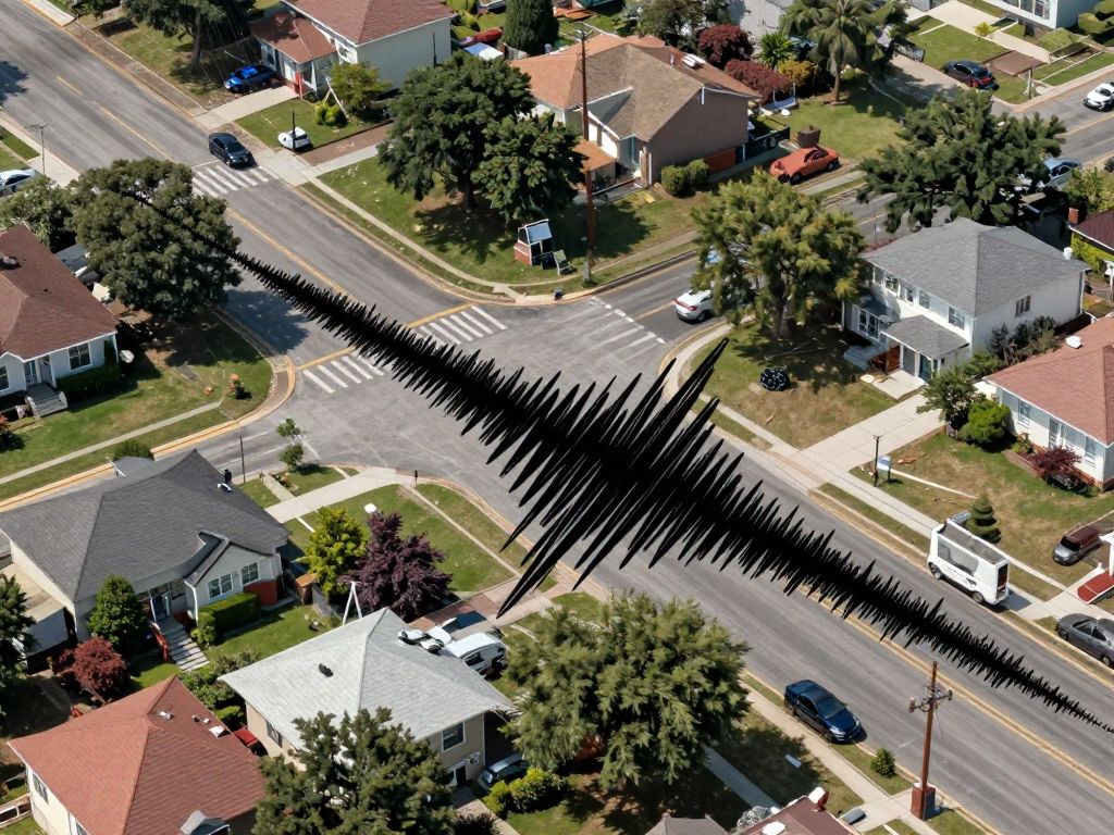 A visual depiction of an earthquake's impact in a suburban setting