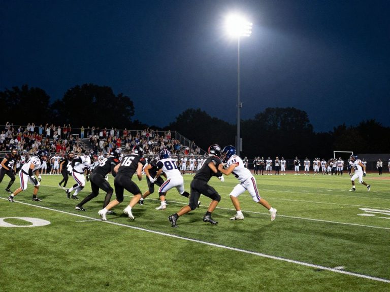 High school athletes playing football on a field during a game in South Carolina.