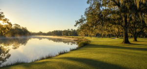 South Carolina golf course fairway with live oaks and morning mist