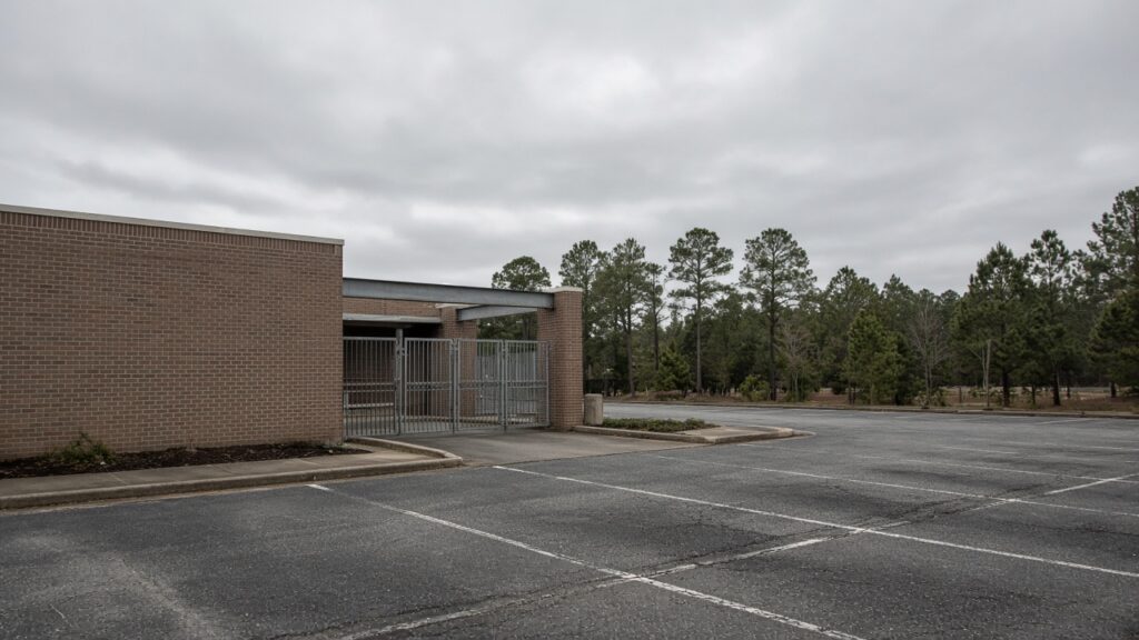 Brick stadium gate and empty parking lot under gray sky