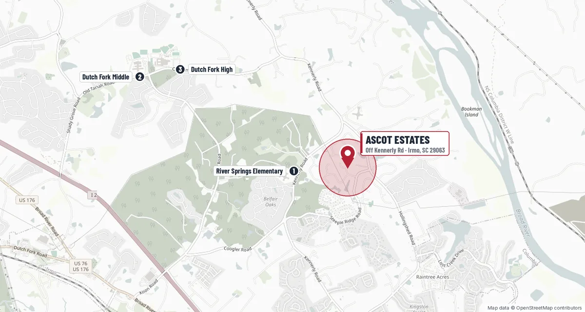 Map of Ascot Estates off Kennerly Road in Irmo, SC, with River Springs Elementary and Dutch Fork Middle and High schools marked