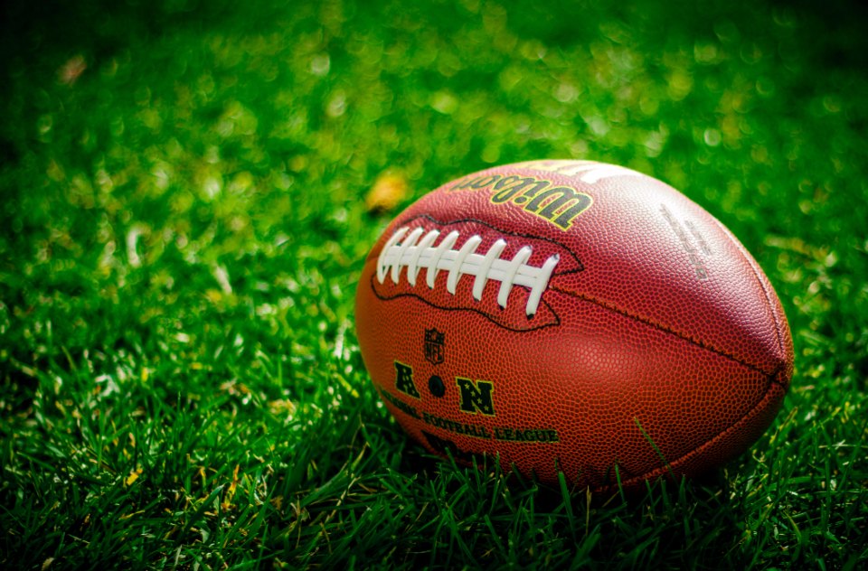 Football resting on grass